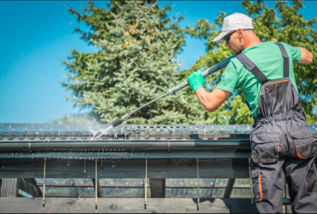 power washing roof man using power washer to clean roof