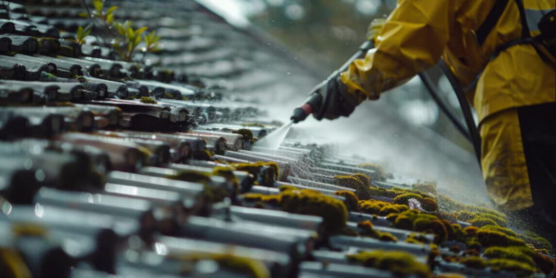 cleaning roof using pressure washer