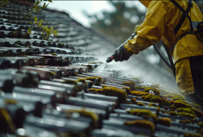 cleaning roof using pressure washer