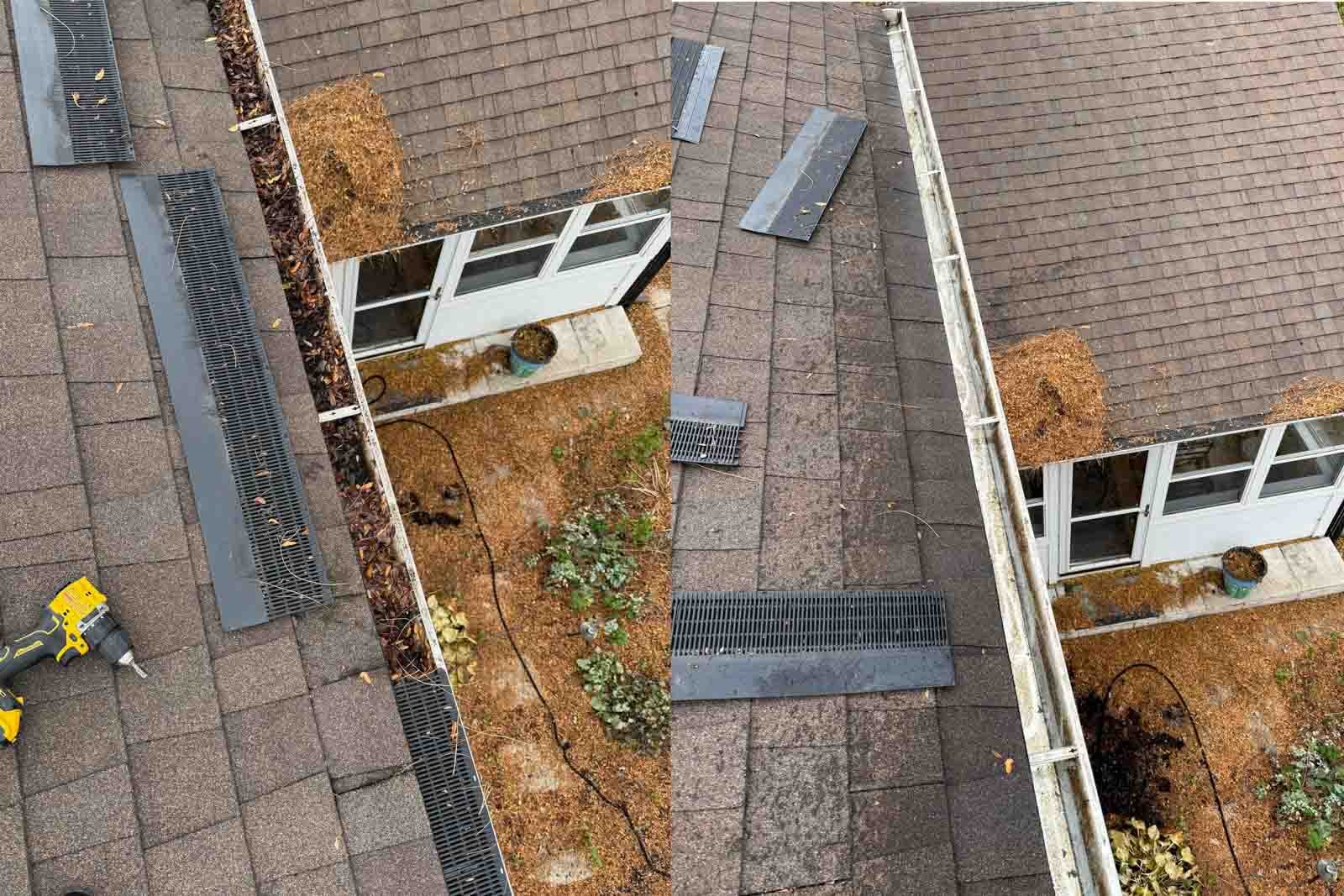 Gutter guard installation on roof gutters with sections being installed for debris protection