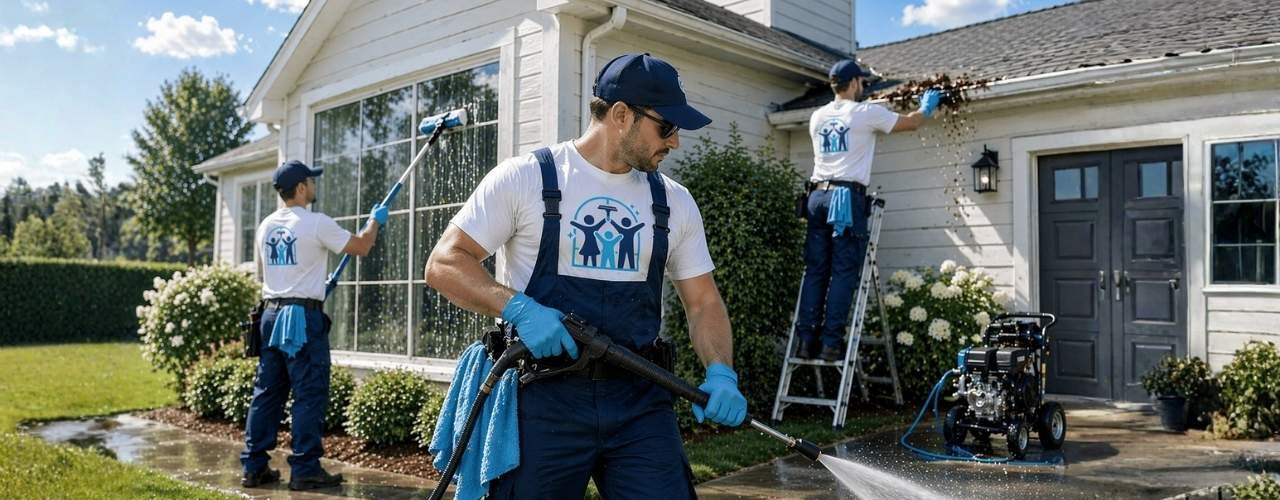professional window cleaner holding tools uniform