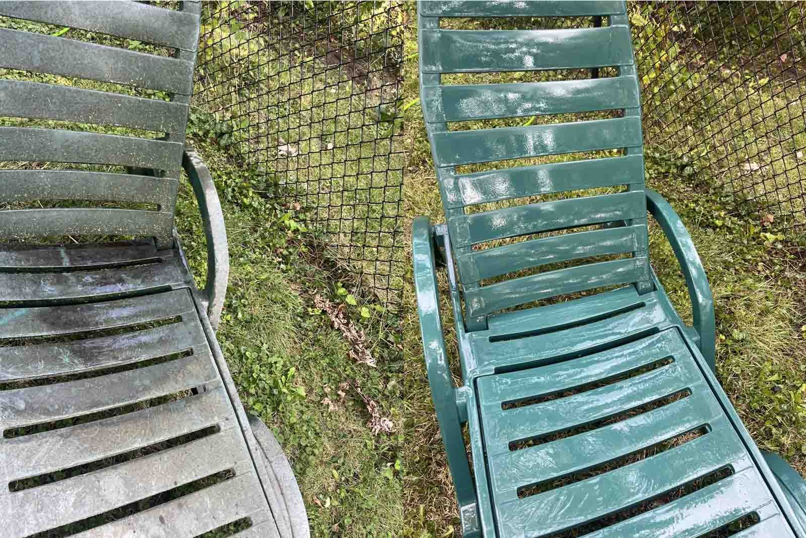 Outdoor plastic chairs before and after pressure washing cleaning in Naperville Aurora IL