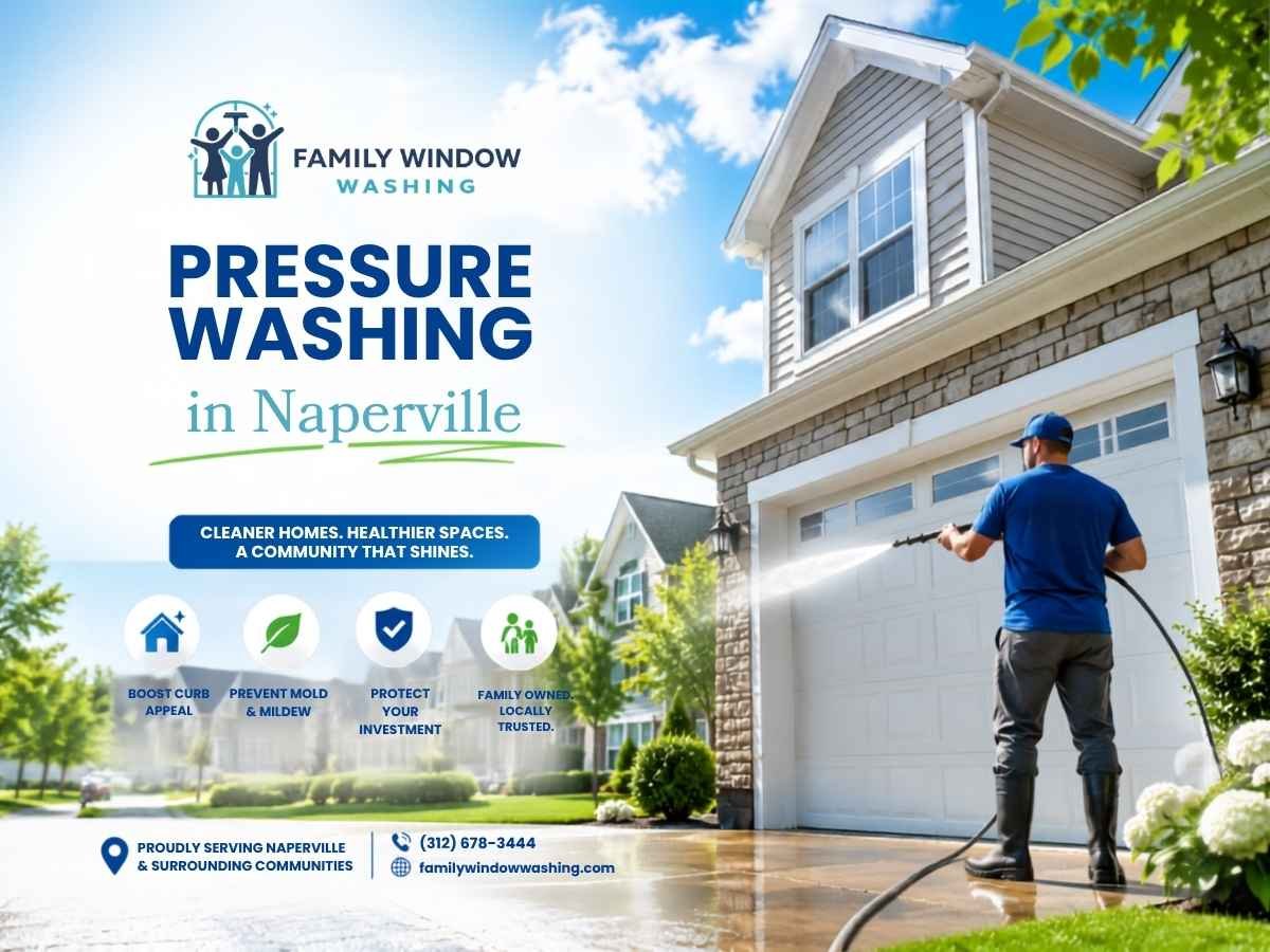 Professional pressure washing and soft washing service cleaning a suburban Naperville home exterior on a sunny day.