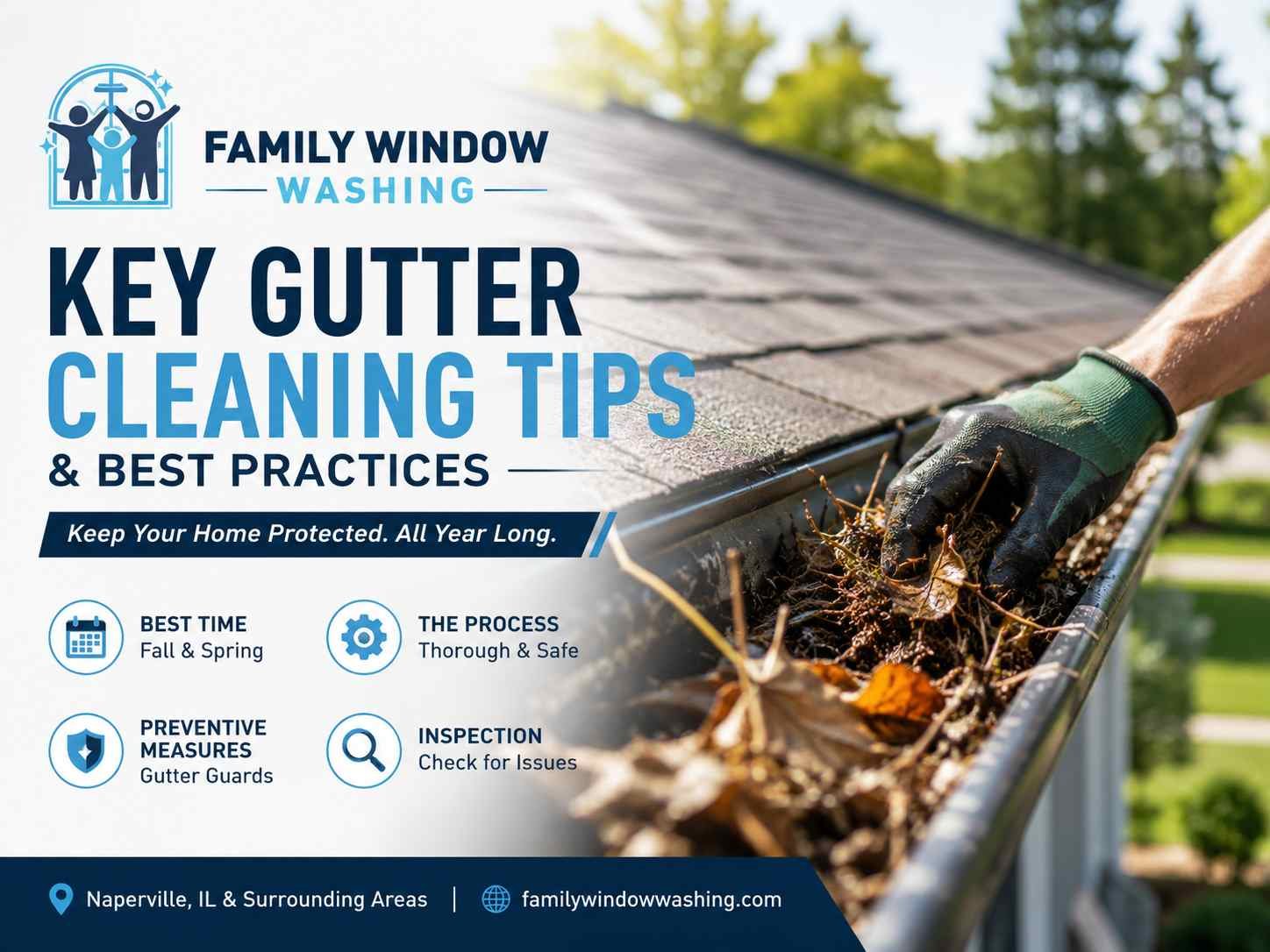 Professional gutter cleaning service in Naperville IL by Family Window Washing.