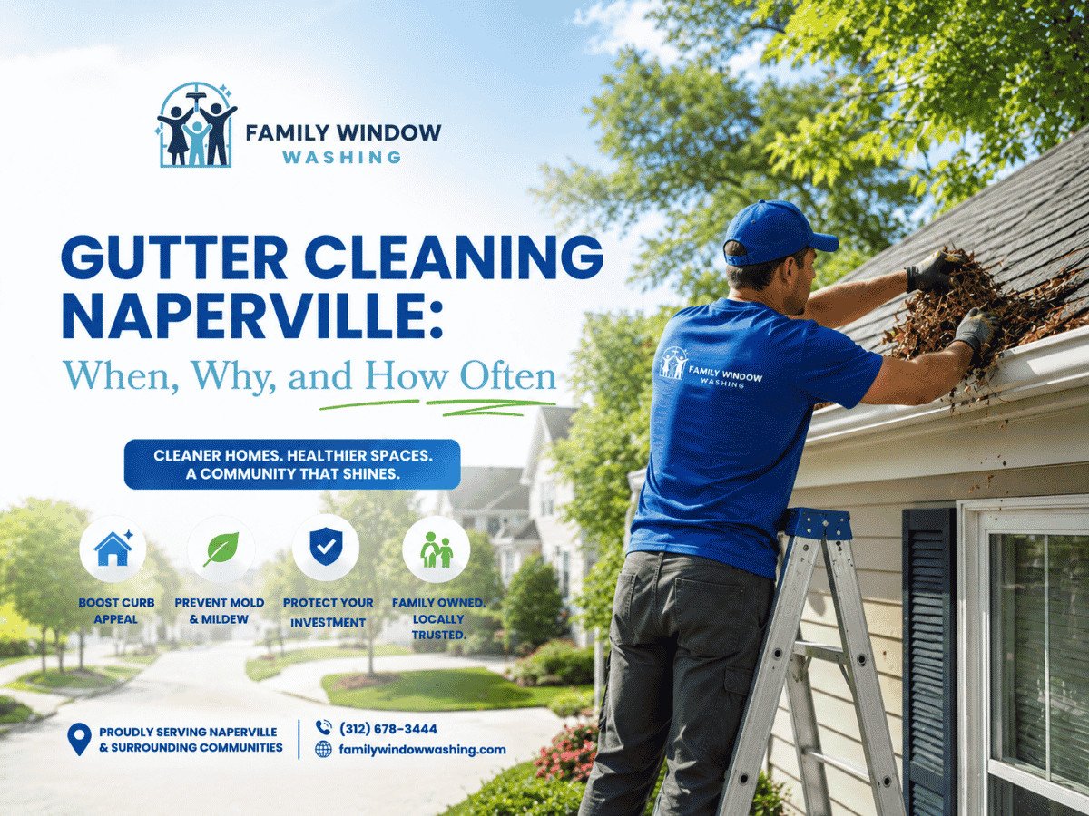 Professional gutter cleaning Naperville home with leaf-filled gutters
