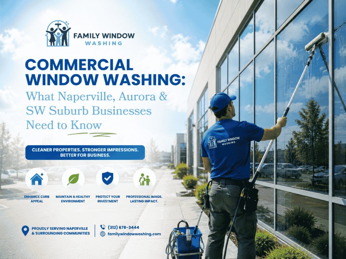 Commercial window washing service cleaning storefront windows in Naperville