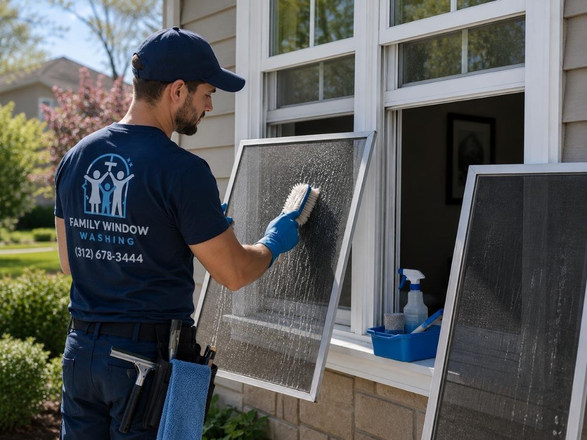 Professional Window Cleaning on second-story home in Southwest Chicago suburbs