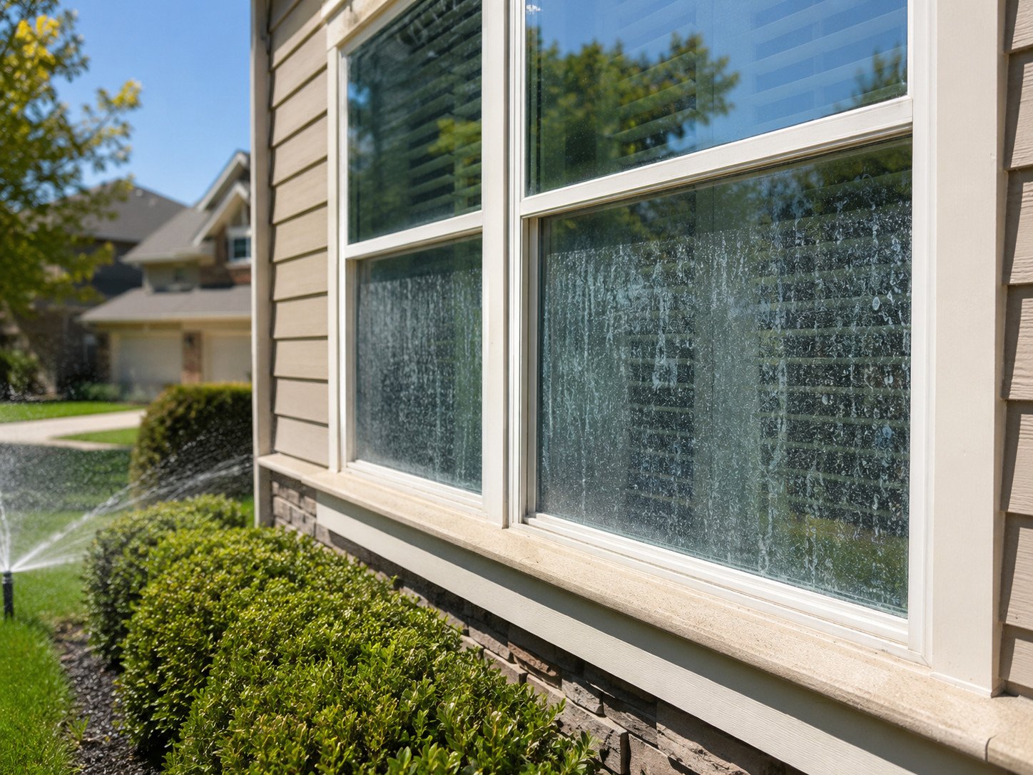 Hard water stains on lower residential windows caused by lawn sprinkler overspray in Naperville, IL.