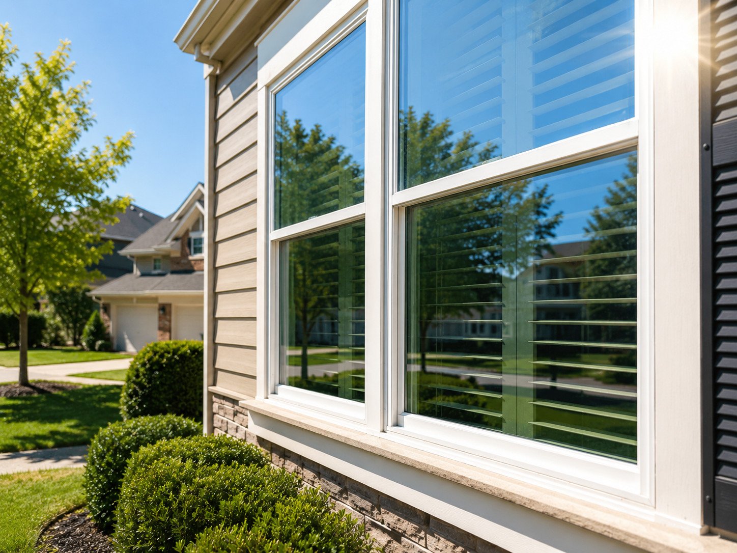 Crystal-clear residential windows after professional hard water stain removal with sunlight reflecting on the glass.
