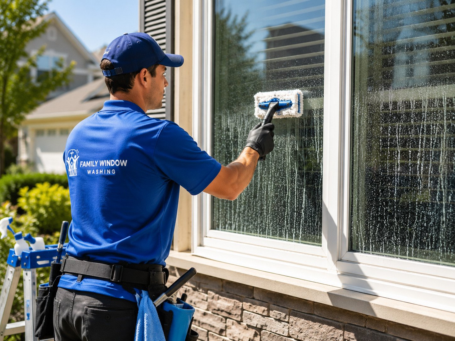 Professional window cleaner removing hard water stains and mineral deposits from residential windows using specialized cleaning equipment.