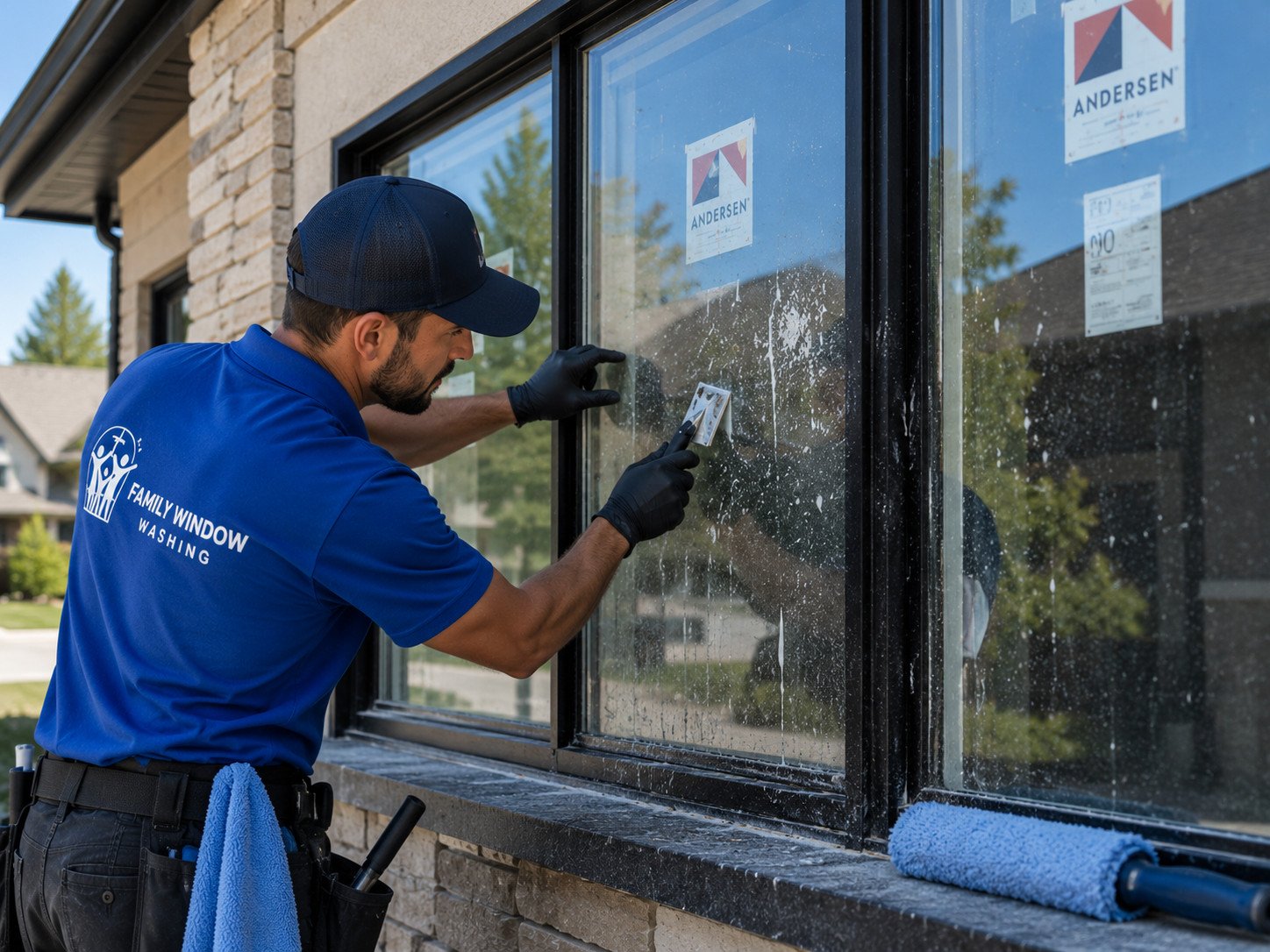 Professional post-construction window cleaning removing debris from newly installed residential glass