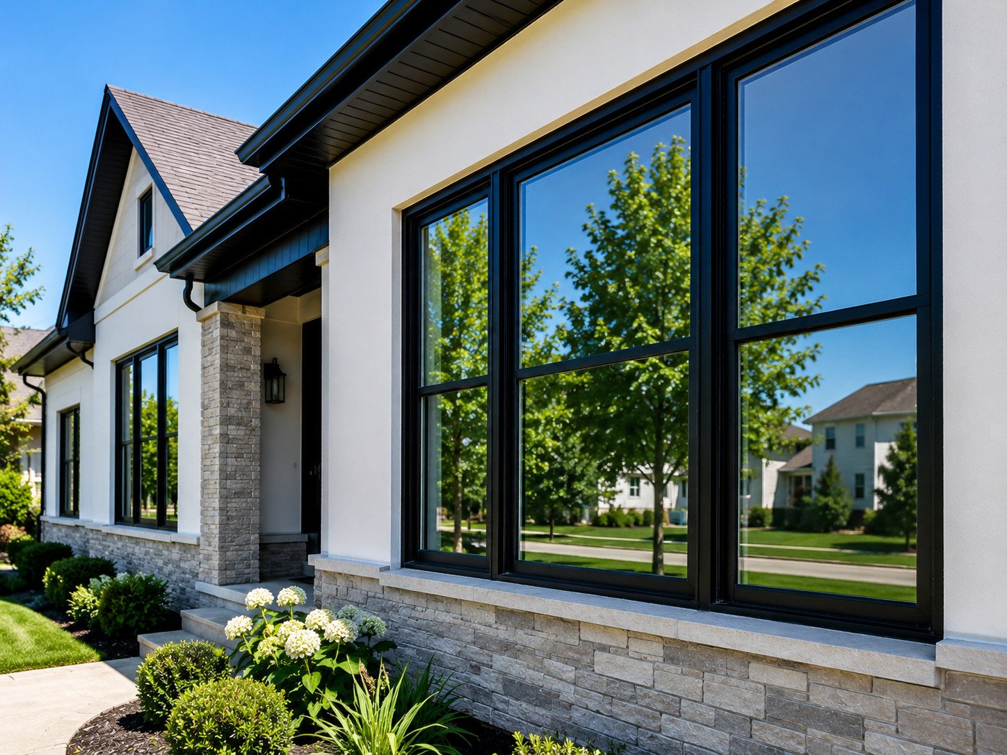Post-construction window cleaning completed on renovated home with clear residential windows