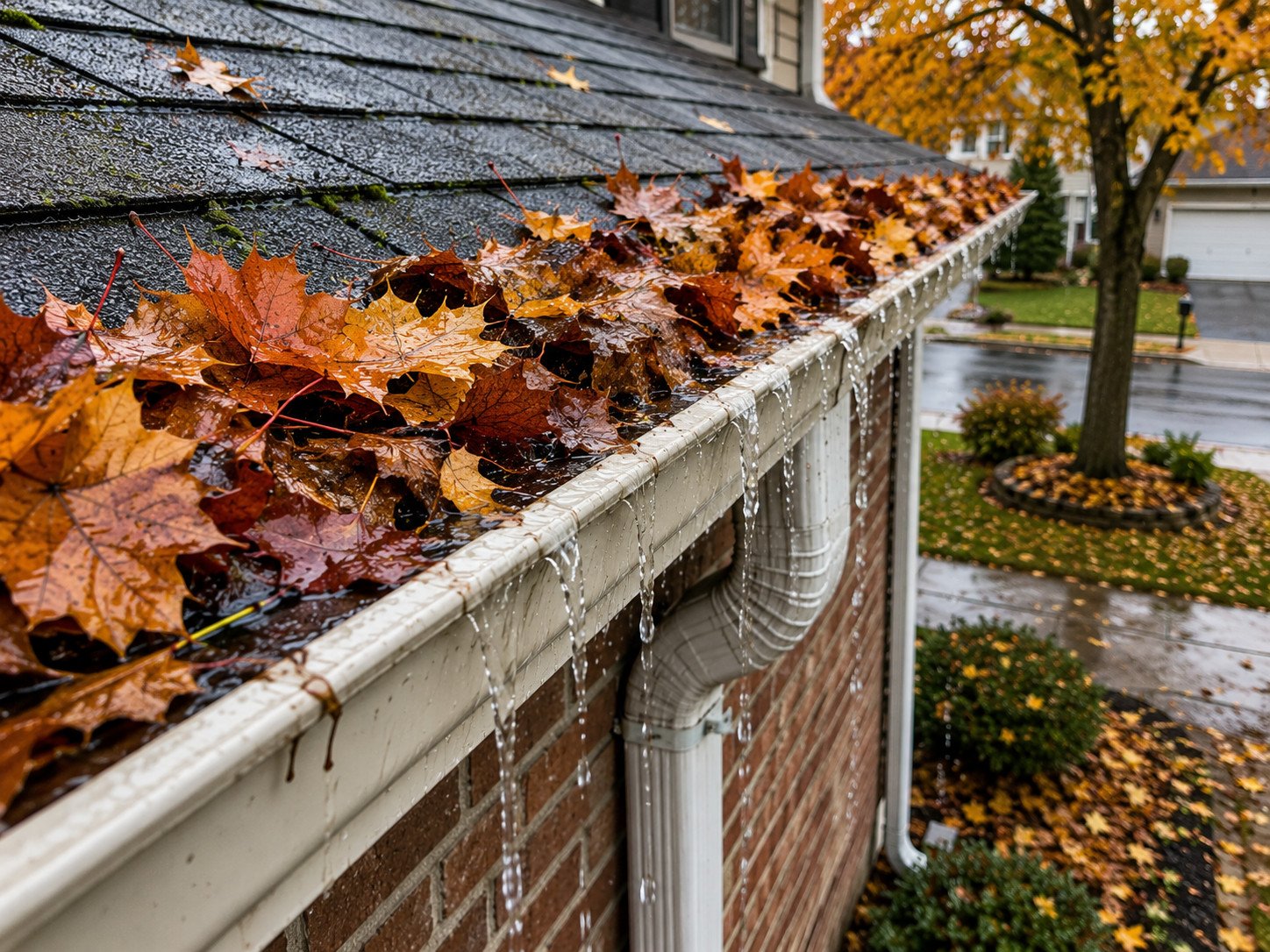 Clogged downspout blocked by wet leaves and debris during fall gutter cleaning