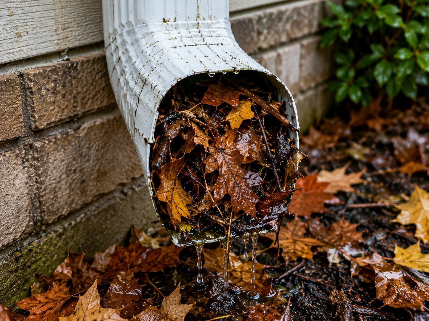 Professional cleaning clogged downspout and gutters before winter in Naperville Illinois