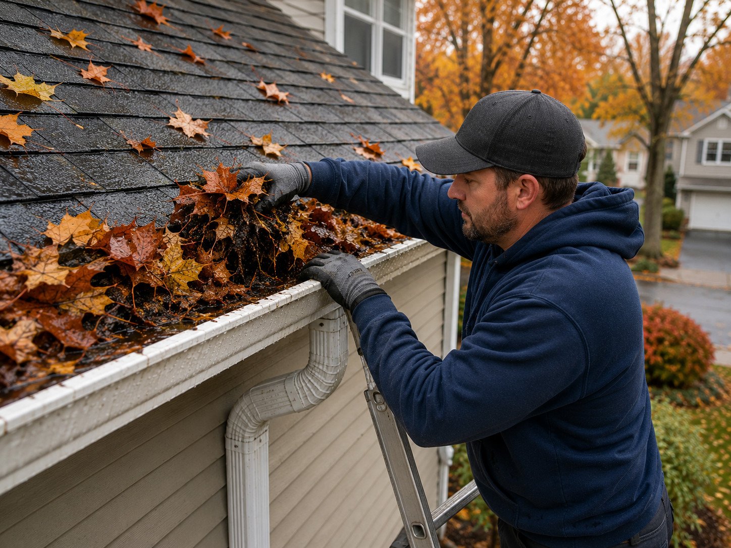 Professional cleaning clogged downspout and gutters before winter in Naperville Illinois