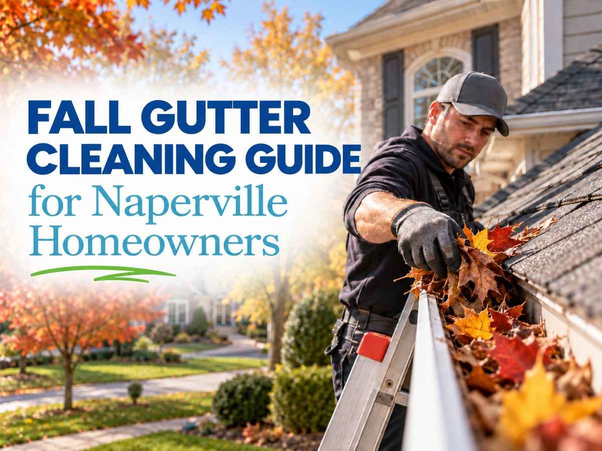 fall gutter cleaning service removing leaves from a home gutter in Naperville, IL