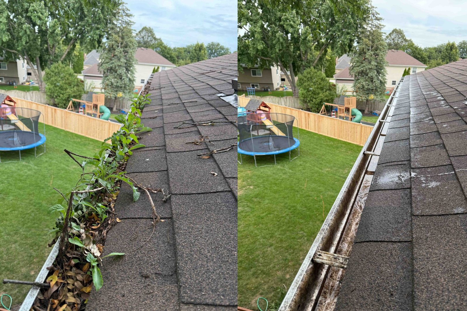 1. Gutter guards removed to clear trapped leaves and debris at a Naperville home.